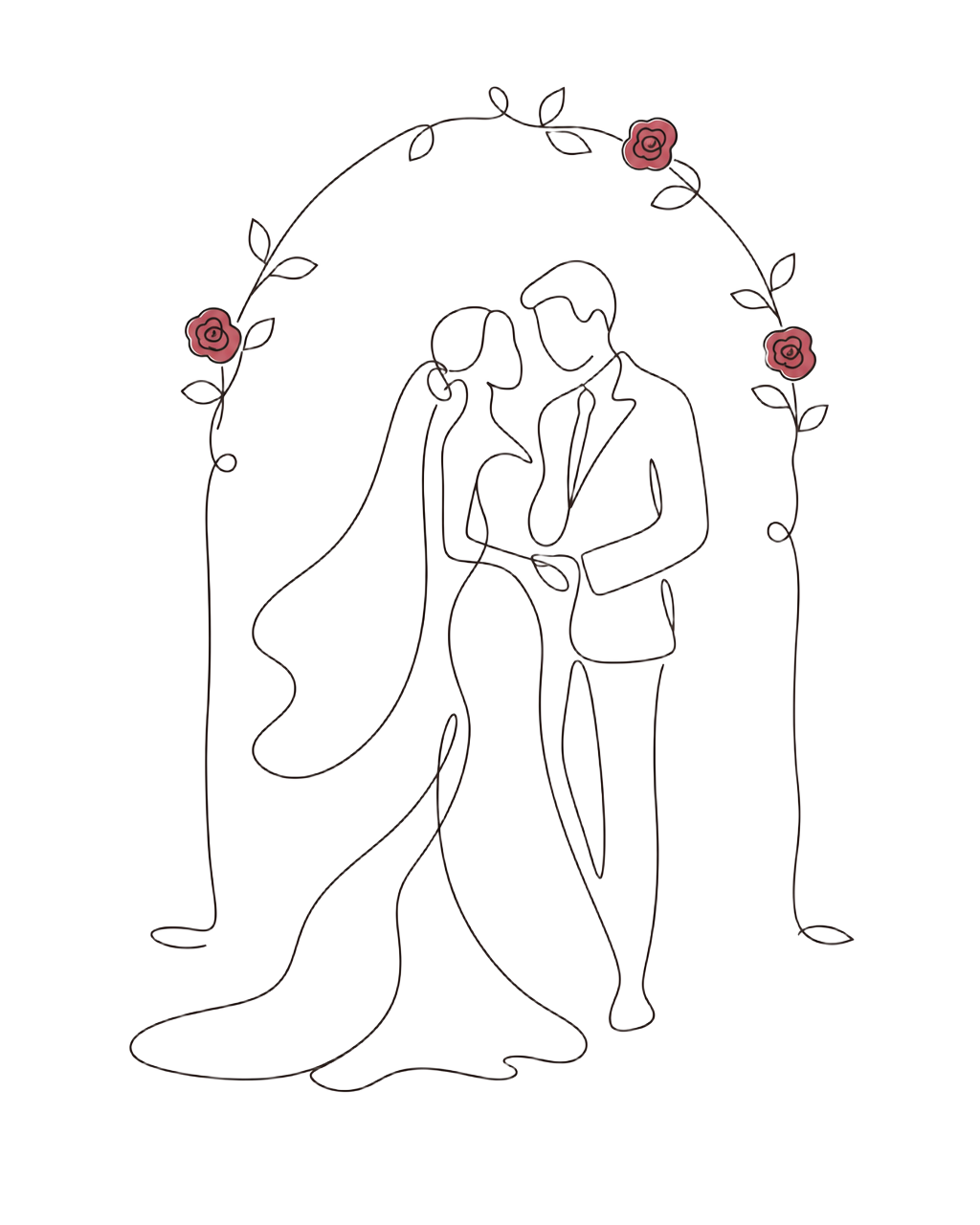 Illustrated line drawing of a couple beneath a rose-adorned wedding arch